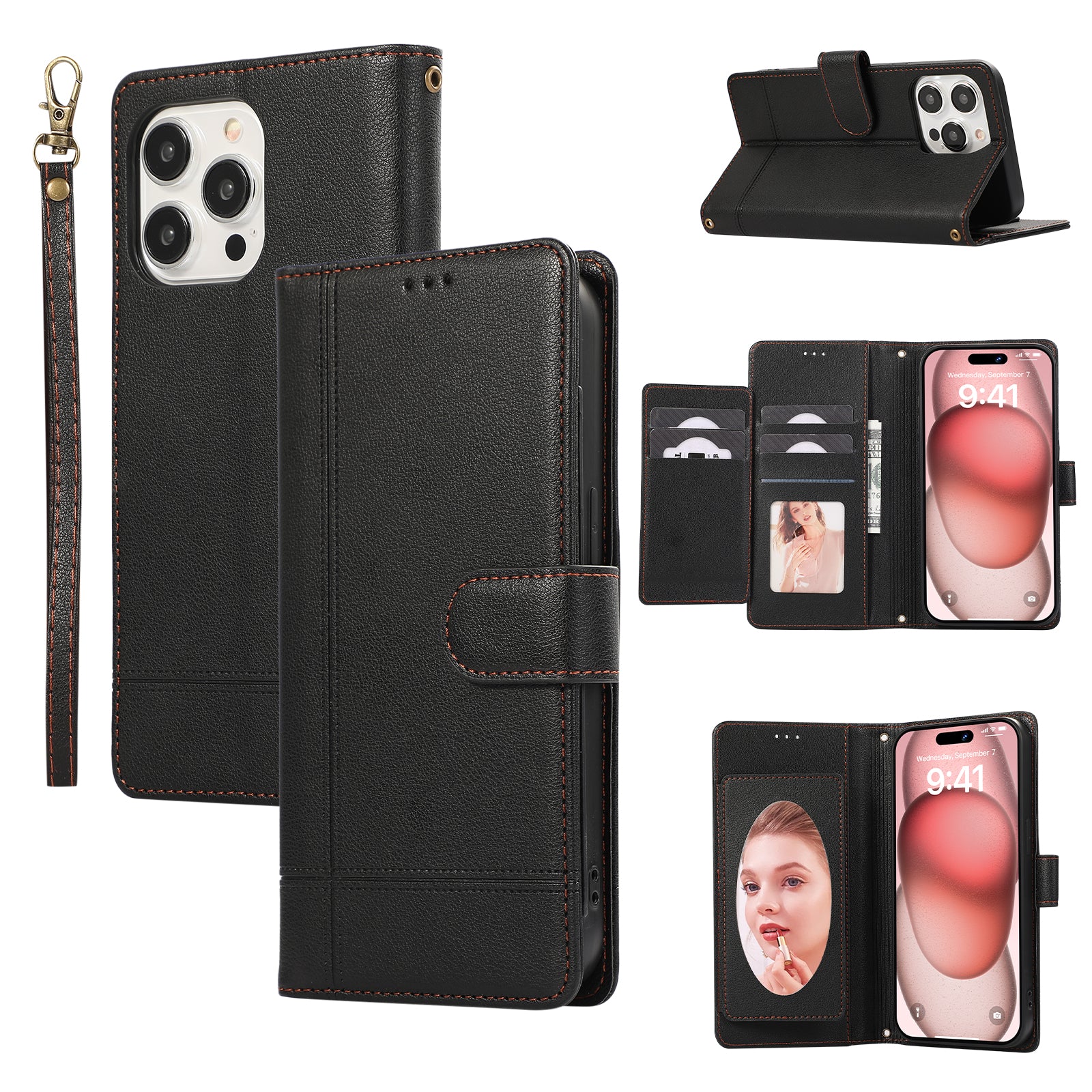 For iPhone 15 Pro Cell Phone Case Lines Imprinted PU Leather Cover with Mirror - Brown For iPhone 15 Pro Cell Phone Case Lines Imprinted PU Leather Cover with Mirror - Brown